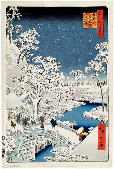 Yuhi Hill och Drum Bridge vid Meguro Hundra berömda vyer av Edo, 1856-1858. av Utagawa Hiroshige