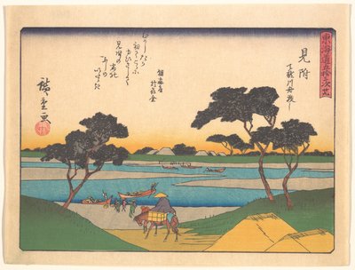 Tōkaidōs femtiotre stationer - Mitsuke, överfart över Tenryūfloden med båt av Utagawa Hiroshige