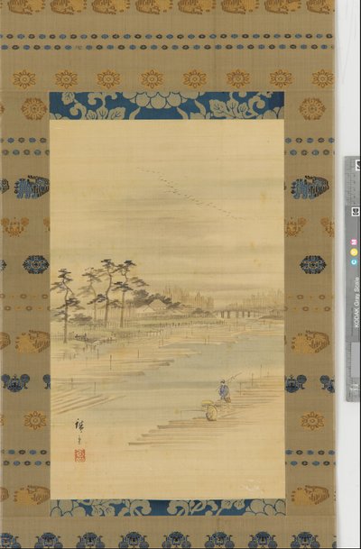 Flodlandskap: timmergårdar och flottar, mitten av 1800-talet. av Utagawa Hiroshige II