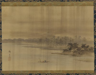Flodlandskap och tempel i regnet, Edo-perioden, 1800-talet. av Utagawa Hiroshige II