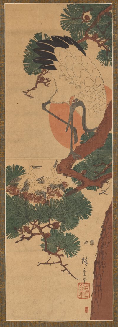 Stork, sol och tall av Utagawa Hiroshige II