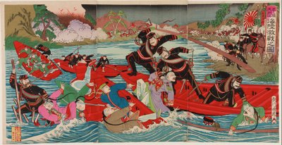 Tung strid på land och hav vid Taidongfloden i Pyongyang, september 1894 (träblocktryck; bläck och färg på papper) av Utagawa II Kunitora