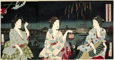 Njuter av kvällsbrisen under fyrverkerierna på Ryogoku Ryogoku hanabi yusuzumi no kei (titel på objekt) av Utagawa Kunichika