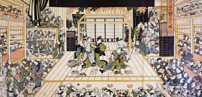 Kabuki teaterföreställning i Edo, ukiyo-e konsttryck av Utagawa Kunimaru (1794-1829), träsnitt, japansk civilisation, Edo-perioden av Utagawa Kunimaru