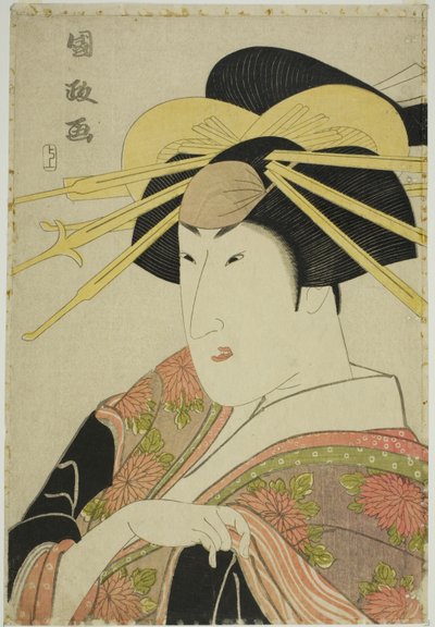 Porträtt av en skådespelare i kvinnlig klänning av Utagawa Kunimasa