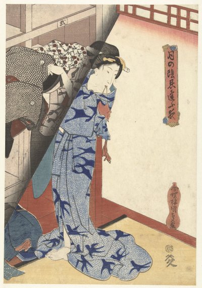 Kvinna lägger undan en kimono Secret Nighttime Dates av Moonlight (serietitel) Tsuki no kage shinobiau yoru (serietitel på objekt) av Utagawa Kunisada (I)
