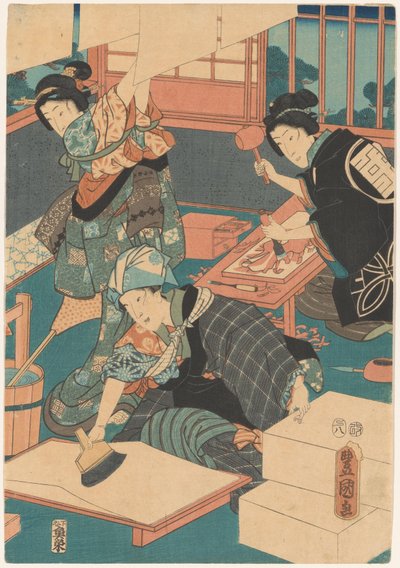 Kvinnor gör bilder (mitten) av Utagawa Kunisada (I)