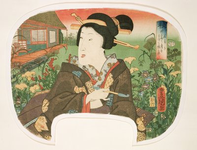 Efterår, Hanayashiki: En geisha med pibe, design til en ventilator fra et sæt på fire, der illustrerer årstiderne, 1858-60 (træbloktryk) swed av Utagawa Kunisada