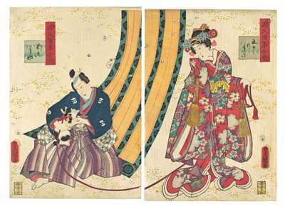 Parodi på den tredje prinsessan och Kashiwagi: "Kapitel 50: A Hut in the Easter..., 1858, andra månaden. av Utagawa Kunisada