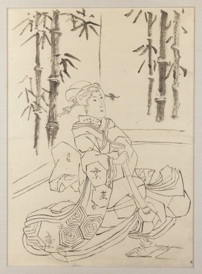 Förberedande teckning för det vänstra bladet i triptyken Elegant instrumentaltrio med flickor av Utagawa Kunisada