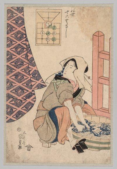 Sittande kvinna tvättar kläder i en träbalja av Utagawa Kunisada