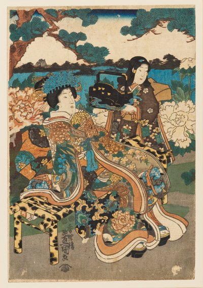 Träblocktryck - kurtisan och piga, 1786-1865 av Utagawa Kunisada