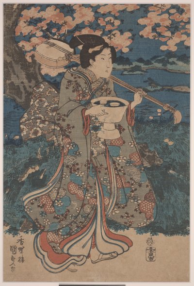 Gå på en visningsfest för körsbärsblommor (träsnitt i färg) av Utagawa Kunisada III