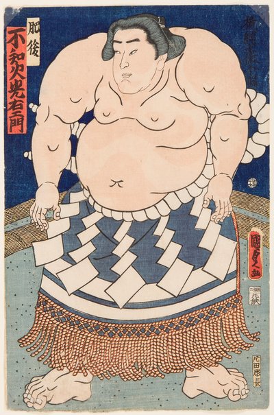 Porträtt av sumobrottaren Shiranui Mitsuemon (1825-1879) med ett rituellt förkläde. Tryck av Utagawa Kunisada II (1823-1880) av Utagawa Kunisada II