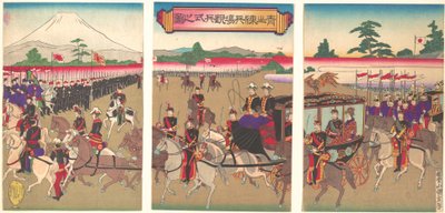 Utsikt över en militärrevyparad i Aoyama, februari 1889 Meiji 22, februari 1889 Meiji 22. av Utagawa Kunisada II