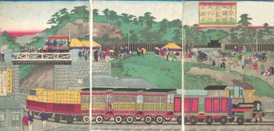 Illustration av ett ånglok som körs på Takanawa Railroad i Tokyo Tokyo ta..., ca. 1873. av Utagawa Kuniteru