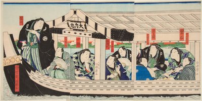 Sumobrottaren Dairiki Maru på en båt med vänner. Tryck av Utagawa Kuniteru (1808-1876) av Utagawa Kuniteru