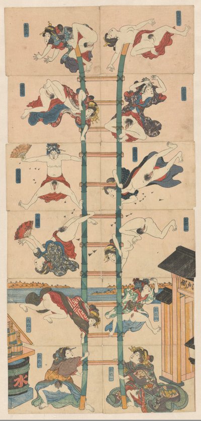 Serie om tolv koban Shunga med prostituerade i rollen som akrobatiska brandmän av Utagawa Kuniyoshi (school of)