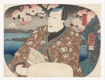 Skådespelare med fläkt under körsbärsblom av Utagawa Kuniyoshi