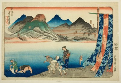 Akasaka, Fujikawa, Okazaki, Chiryu och Narumi, från serien "Famous Places on the Fifty-three Stations of the Tokaido, Five Stations (Tokaido gojusan eki goshuku meisho)" av Utagawa Kuniyoshi
