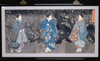 En oban triptyk som visar en nattlig scen med tre Bijin av Utagawa Kuniyoshi