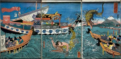 Asahina Yoshihides kamp med två krokodiler i havet utanför Kamakura Kotsubo av Utagawa Kuniyoshi