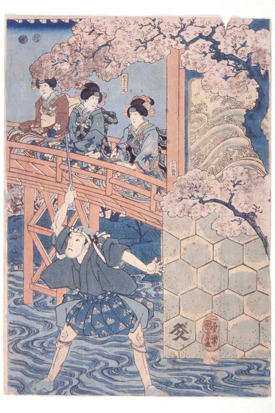 Bandō Hikosaburō IV som Ashikaga Yoshimasa och Ichikawa Kodanji IV som Asakura Tōgo ur kabuki-pjäsen Higashiyama sakura sōshi av Utagawa Kuniyoshi