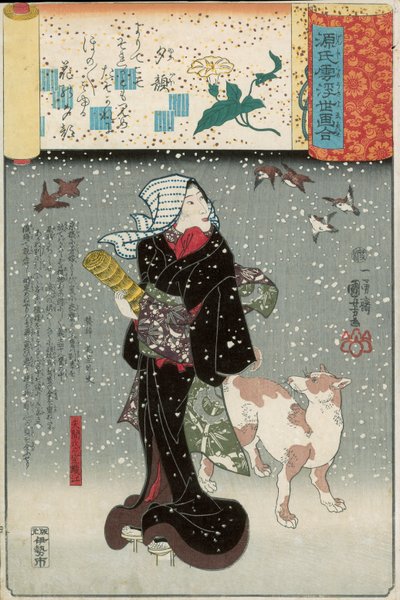 Bijin med en hund i snön, från Genji mitate-serien av Utagawa Kuniyoshi