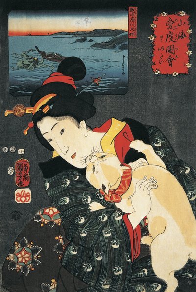 Närbild av en ung kvinna med en katt i famnen av Utagawa Kuniyoshi