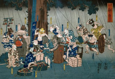 Comic Animals Taking Shelter from Rain (Dōke kemono no amayadori), c.1842 av Utagawa Kuniyoshi
