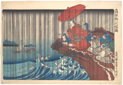 Kort illustrerad biografi över munken Nichiren: bön om regn besvarad i Ryōzengasaki i Kamakura av Utagawa Kuniyoshi