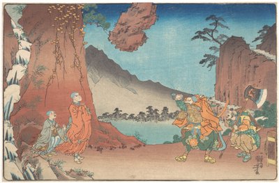 En kortfattad illustrerad biografi över munken Nichiren: En sten som hålls uppe av bönens kraft på berget Komuro av Utagawa Kuniyoshi