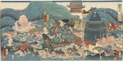 Drakguden belönar Hidesato med tre gåvor, april 1858 av Utagawa Kuniyoshi