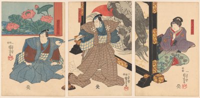 Tre skådespelare vid en hopfällbar skärm av Utagawa Kuniyoshi