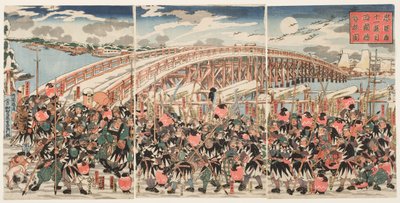 Elfte akten av "Chushingura": De lojala kvarhållarna samlas vid Ryogoku Bridge av Utagawa Kuniyoshi