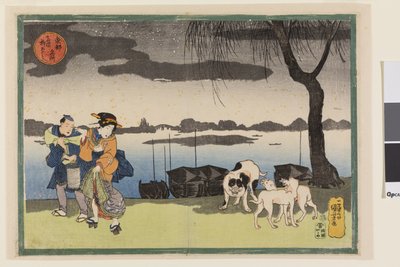 Geisha, betjänt och tre hundar nära Yanagi-bron vid Ryogoku, från serien Famous Views of the Eastern Capital, ca 1834 (färgträsnitt "nishiki-e"; bläck och färg på papper) av Utagawa Kuniyoshi