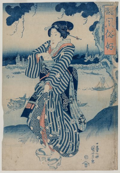 Geisha som står på stranden av Sumidafloden (från serien Människor som gillar det senaste modet och sederna) av Utagawa Kuniyoshi