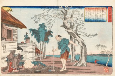 Kakkyo och hans fru grävde fram en kruka med guld i hålet de grävde för att begrava sin spädbarn, signerad Ichiyusai Kuniyoshi ga, c.1843 (träblock i färg) av Utagawa Kuniyoshi