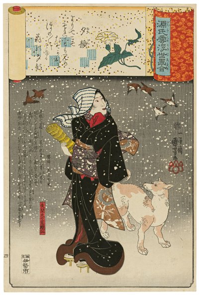 ”Kvällsansiktenas dam” (Yūgao): Yazamas hustru Orie (Yazama-shi no shitsu Orie), ur serien Scener bland Genji-moln sammanställda med ukiyo-e-bilder (Genji-gumo ukiyo e-awase) av Utagawa Kuniyoshi
