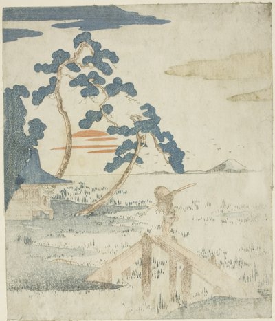 Man Crossing a Bridge as the Sun Rises, från en titellös utgåva (utan poesi) av illustrationerna till serien "Fem avtryck av berget Fuji (Fuji goban no uchi)" av Utagawa Kuniyoshi
