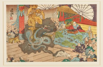 Manifestation av den sju ansiktena gudomligheten vid Minobuzan, 9:e månaden 1277, 1800-talet av Utagawa Kuniyoshi