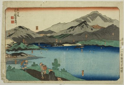 Minakuchi, Ishibe, Kusatsu, Otsu och Kyoto, från serien "Famous Places on the Fifty-three Stations of the Tokaido, Five Stations (Tokaido gojusan eki goshuku meisho)" av Utagawa Kuniyoshi