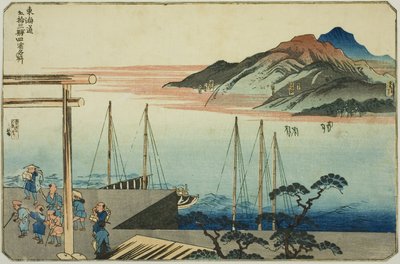 Miya, Kuwana, Yokkaichi och Ishiyakushi, från serien "Famous Places on the Fifty-three Stations of the Tokaido, Four Stations (Tokaido gojusan eki yonshuku meisho)" av Utagawa Kuniyoshi