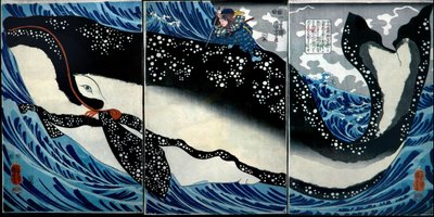 Miyamoto Musashi dödar en enorm val, ca 1847 av Utagawa Kuniyoshi