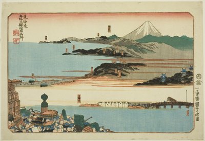 Nihonbashi, Shinagawa, Kawasaki och Kanagawa, från serien "Famous Places on the Fifty-three Stations of the Tokaido, Four Stations (Tokaido gojusan eki yonshuku meisho)" av Utagawa Kuniyoshi