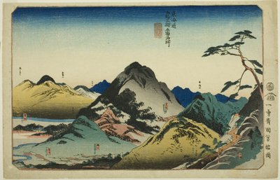 Nissaka, Kakegawa, Fukuroi, Mitsuke och Hamamatsu, från serien "Famous Places on the Fifty-three Stations of the Tokaido, Five Stations (Tokaido gojusan eki goshuku meisho)" av Utagawa Kuniyoshi