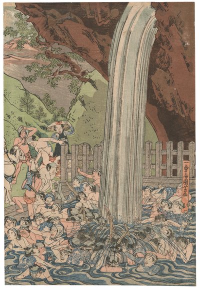 Pilgrims at the Roben Waterfall at Oyama, signerad Ichiyusai Kuniyoshi, publicerad av Azumaya Daisuke, kiwamesäl, Oban tate-e triptyk (träblock i färg) av Utagawa Kuniyoshi