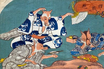 Racoon Dog and Fox at Play (Tanuki to kitsune no asobi), ca 1842 av Utagawa Kuniyoshi