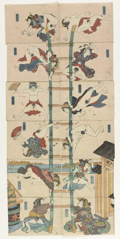 Serie om tolv koban Shunga med prostituerade i rollen som akrobatiska brandmän av Utagawa Kuniyoshi