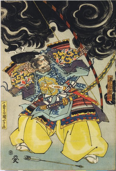 Ark från en triptyk med färgträblock, föreställande Minamoto no Yorimasa, med hjälp av Ii Hayata och Watanabe Choshichi, som skjuter ner nuen från taket på kejsar Konoes palats: Japan, Edo, av Utagawa Kuniyoshi, ca. 1820 - 1825 av Utagawa Kuniyoshi